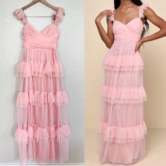 NWOT Pure Radiance Pink Mesh Swiss Dot Backless Tiered Maxi Dress - Picture 1 of 8